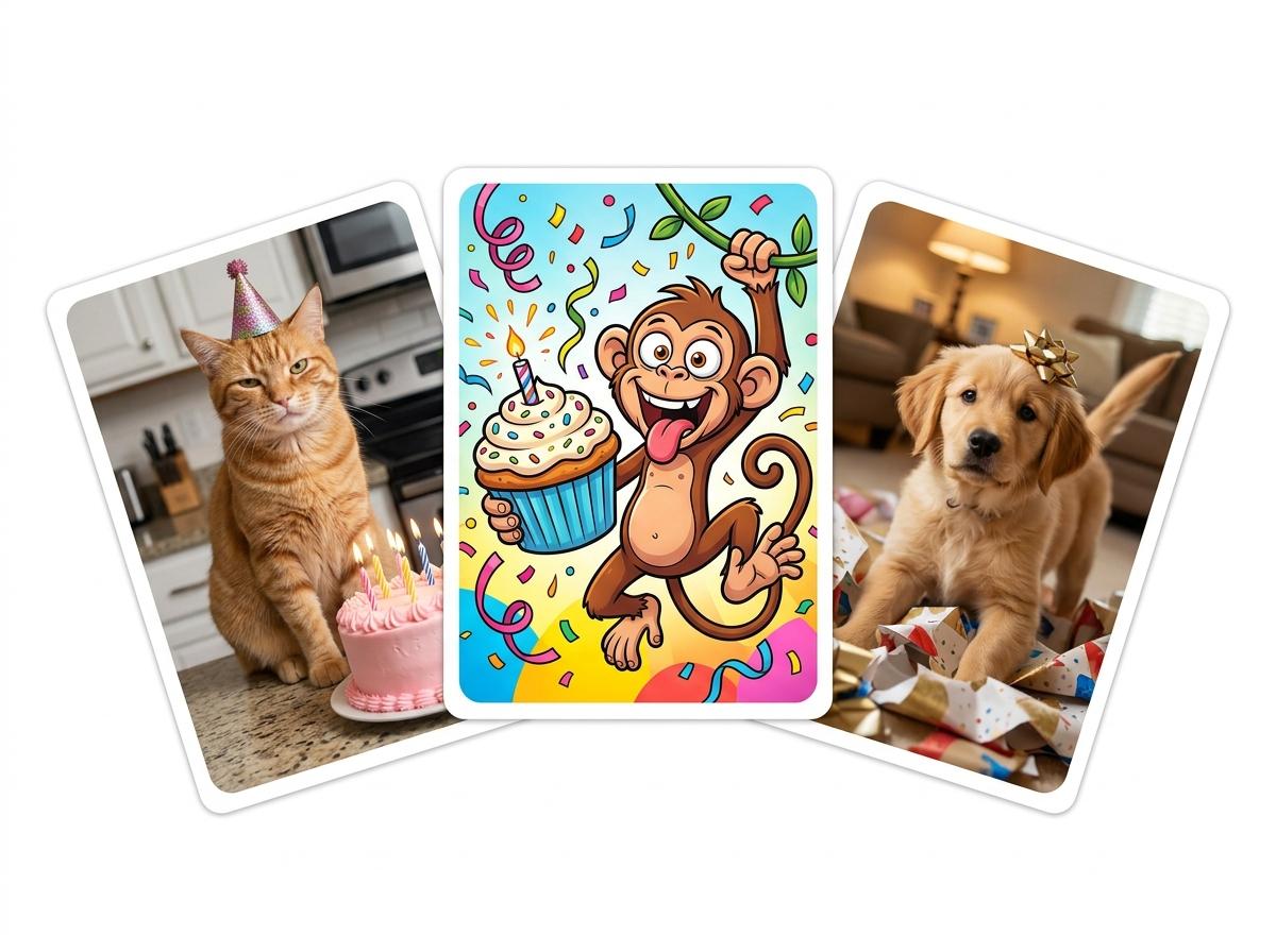 Three birthday greeting cards arranged as a fan product mockup